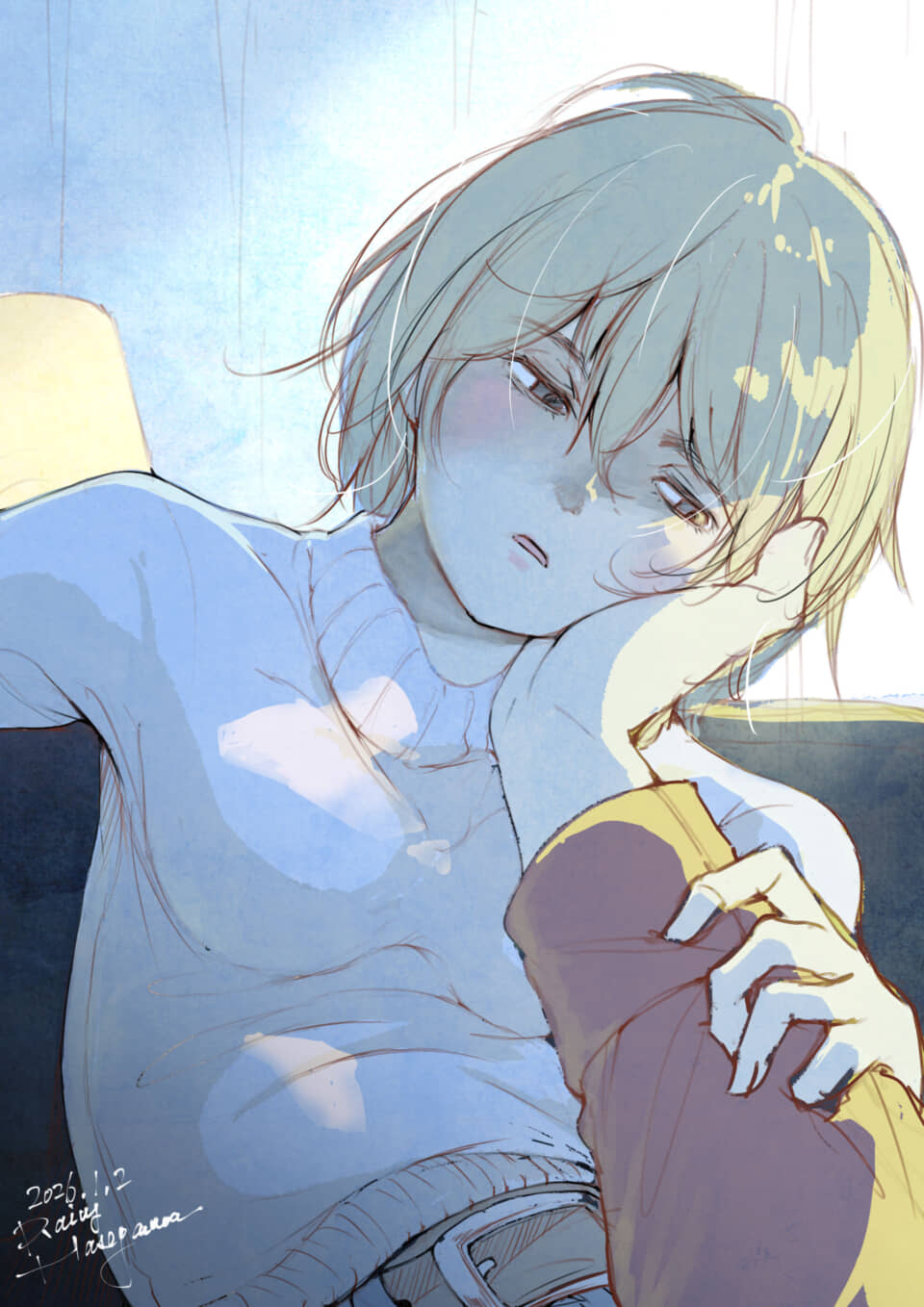 淡い色合いの少年のイラスト。