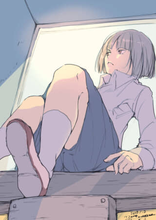 窓辺に座る少女の横顔イラスト