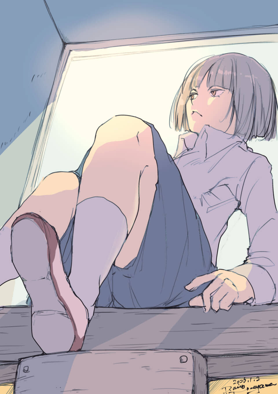 窓辺に座る少女の横顔イラスト