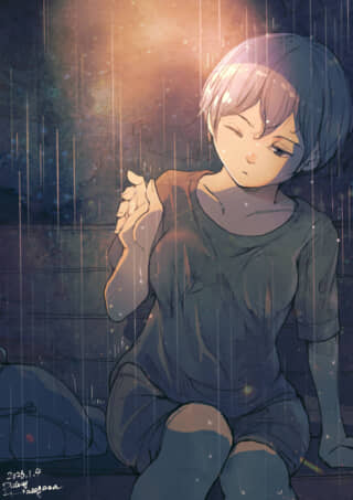 雨の中で座る少女のイラスト