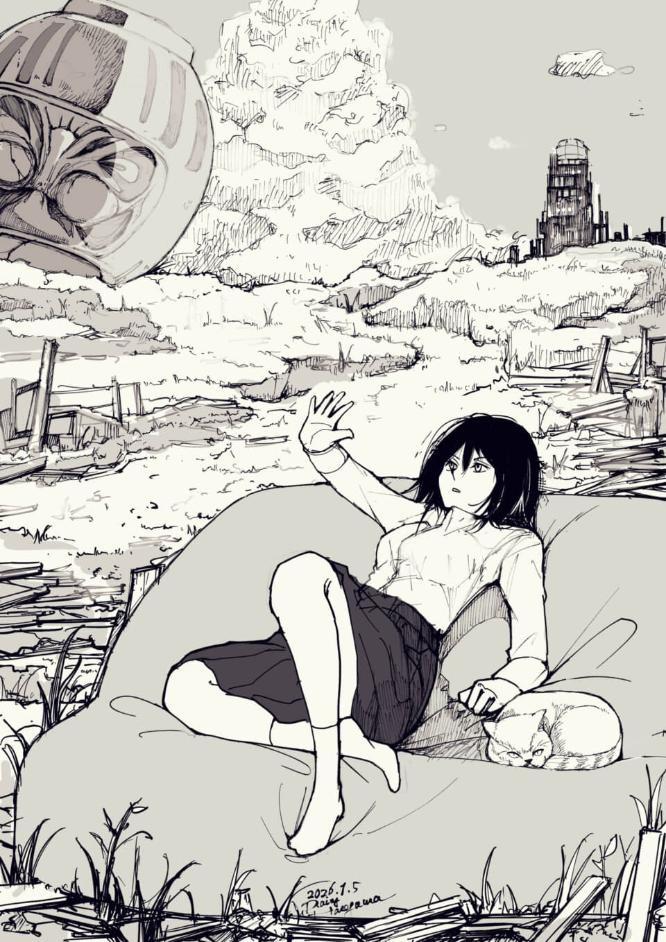 風景の中で休む女性と猫。