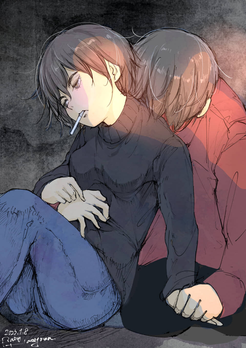 タバコをくわえた二人の人物