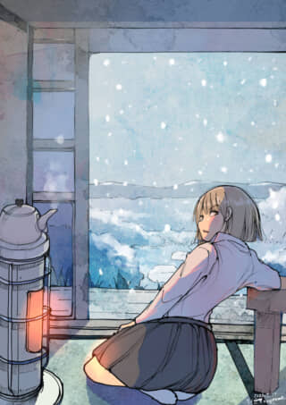 少女とストーブ、雪景色。