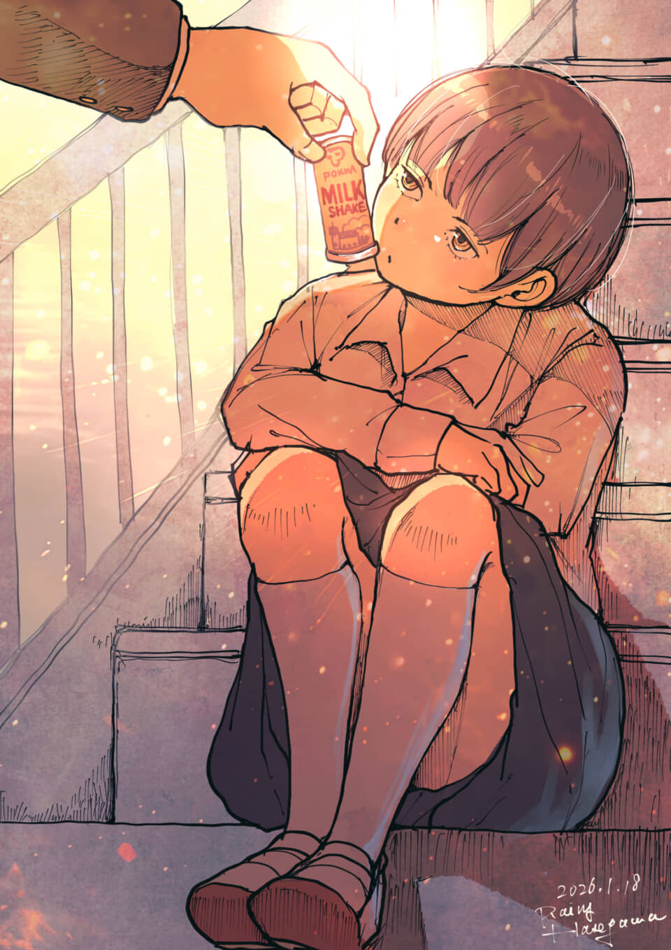 階段に座る少女と差し出されたミルクシェイク