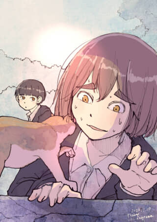 猫と女性、男の子のイラスト