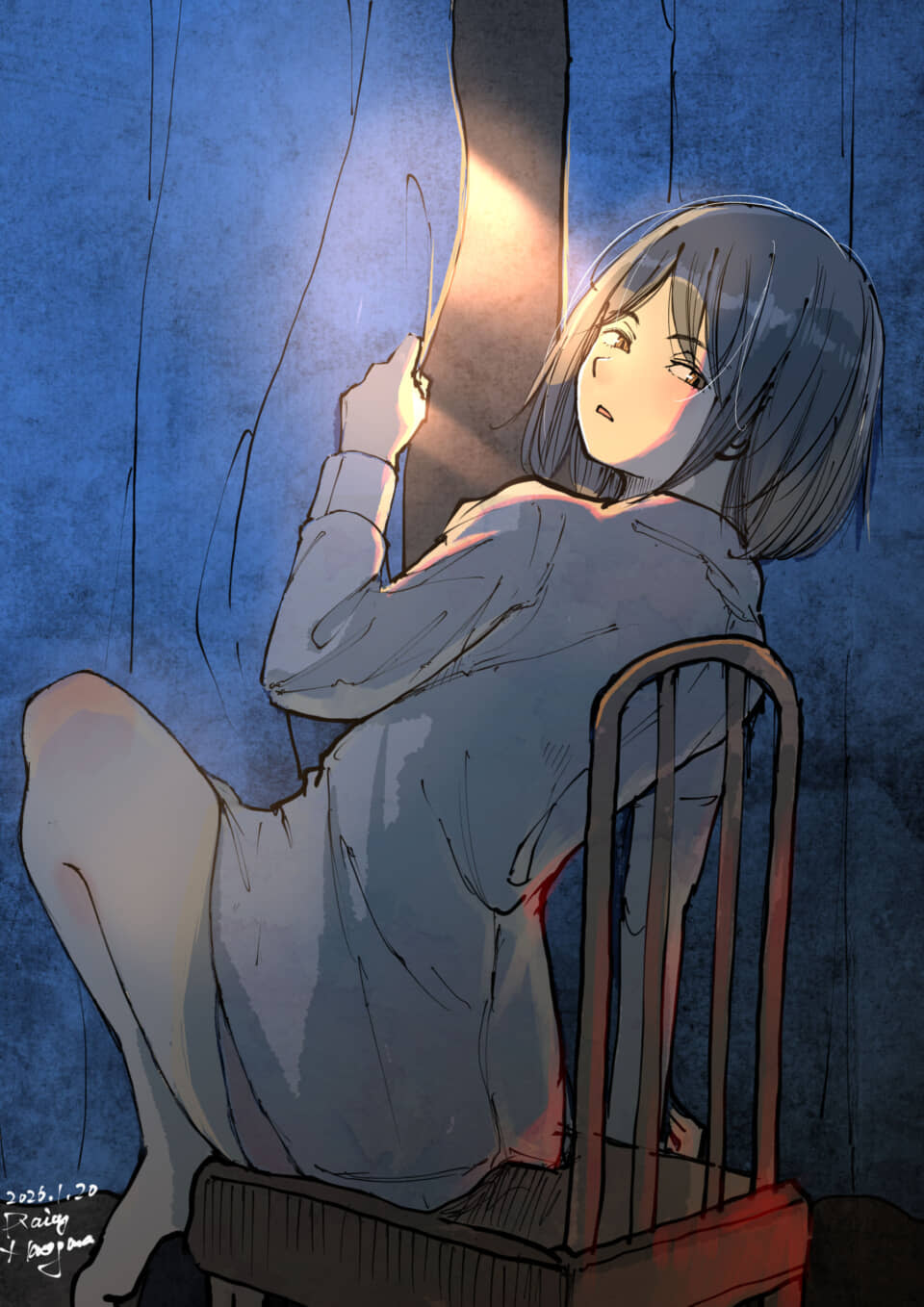 窓辺の女性、光を見つめる。