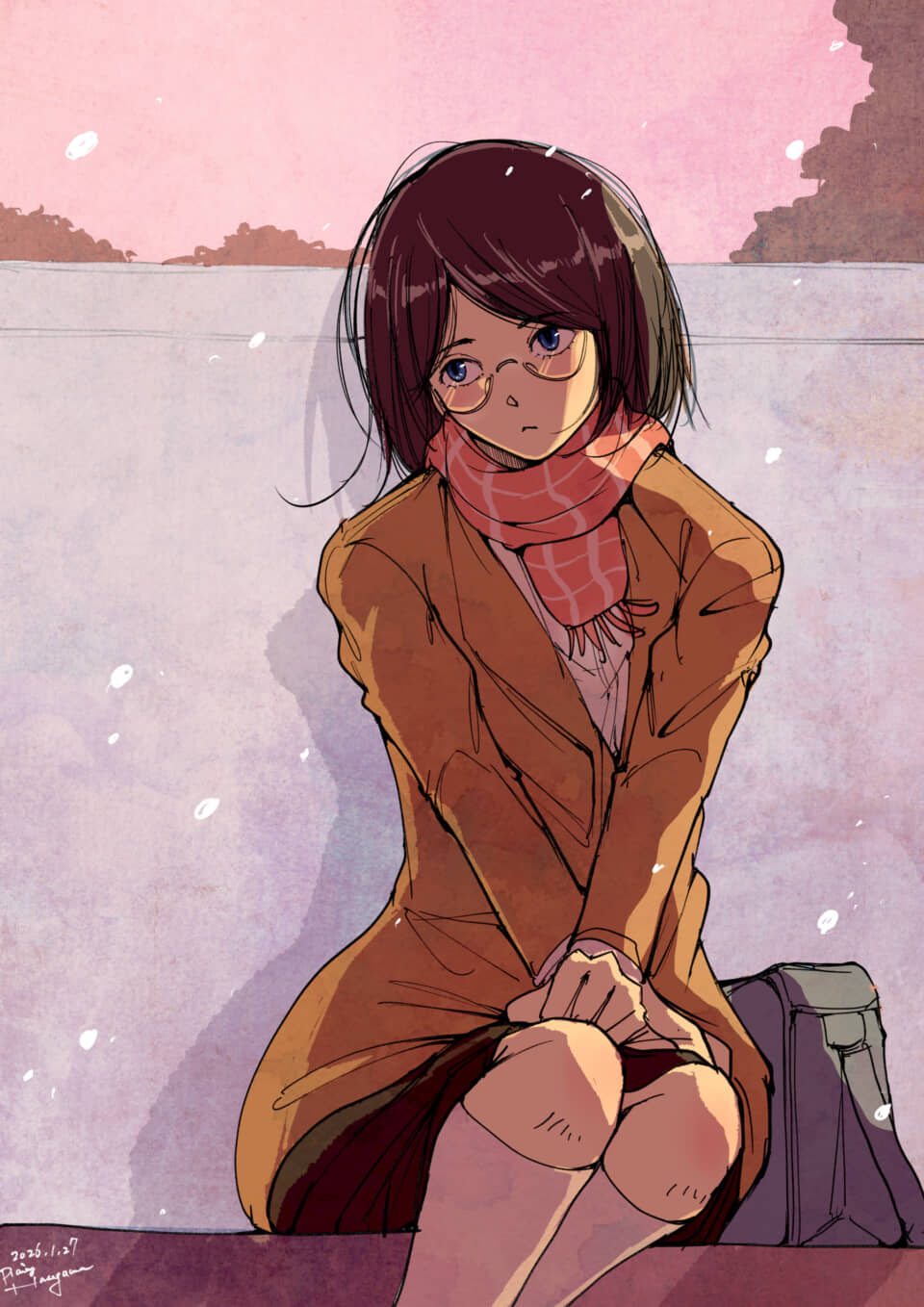 雪の日に佇む眼鏡の少女のイラスト