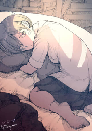 ベッドに寝そべる少女のイラスト