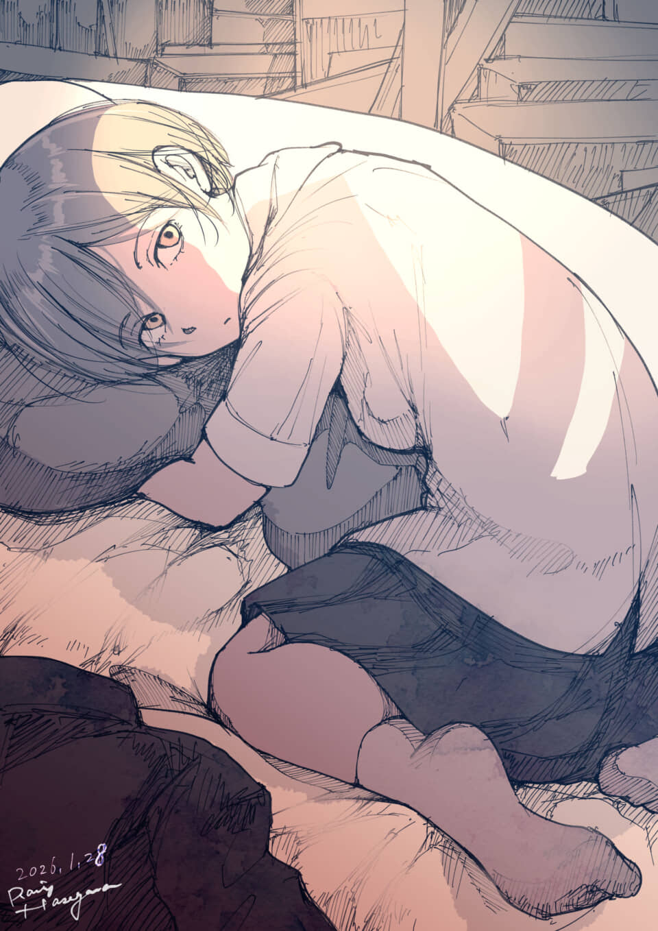 ベッドに寝そべる少女のイラスト