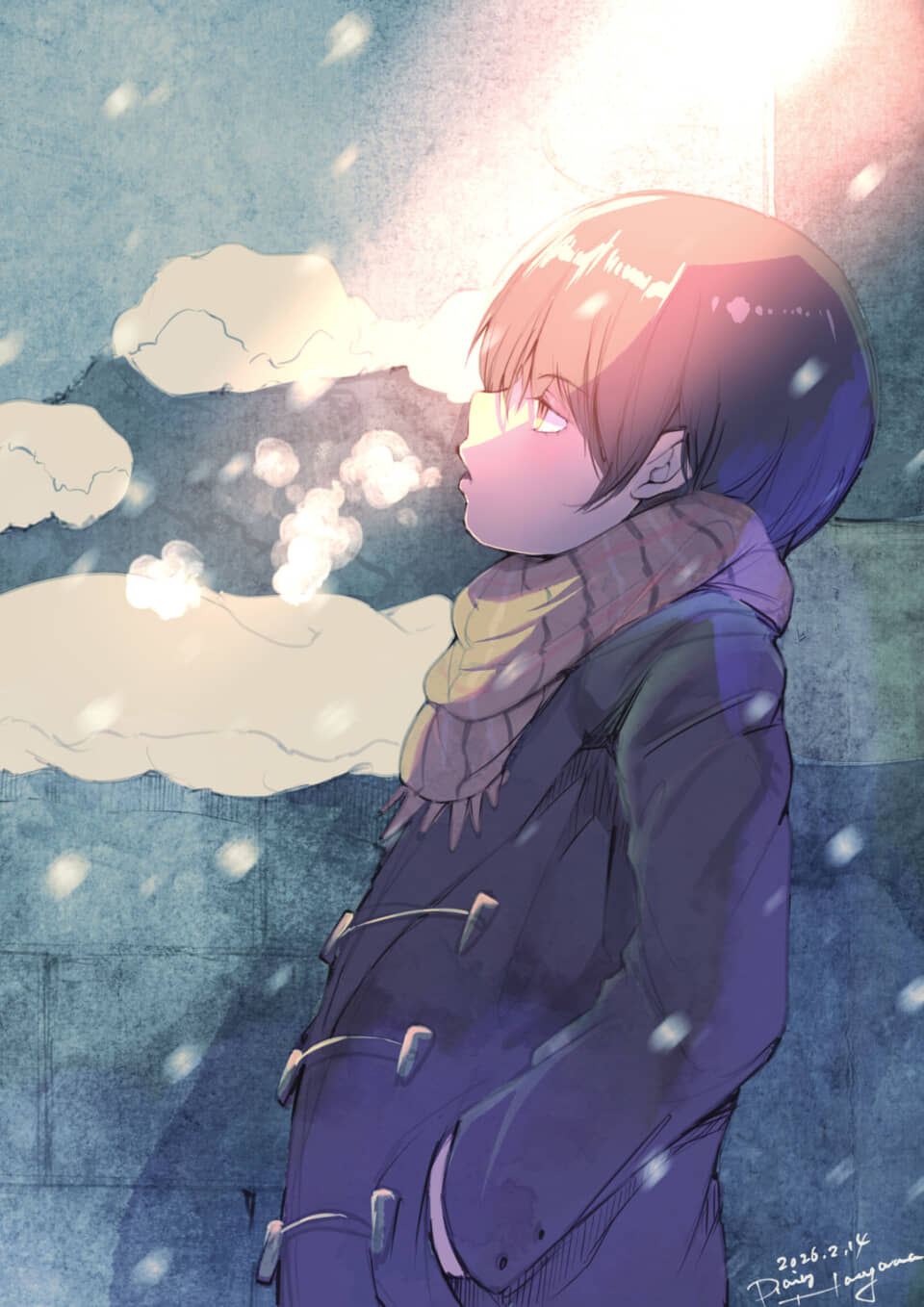 雪の中、光を見上げ白い息を吐く少年