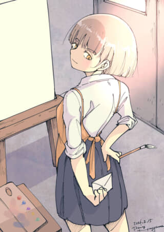 イーゼルの前で振り返る画家風の女性、筆と手紙