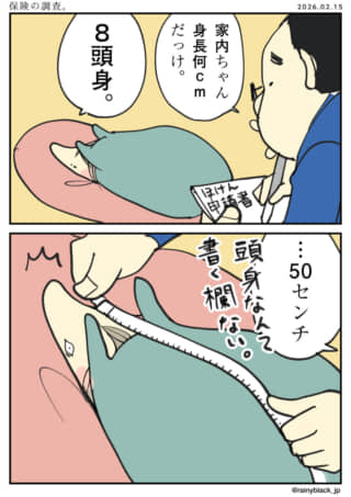 保険調査で「8頭身」と答えた着ぐるみ姿の頭を測る。