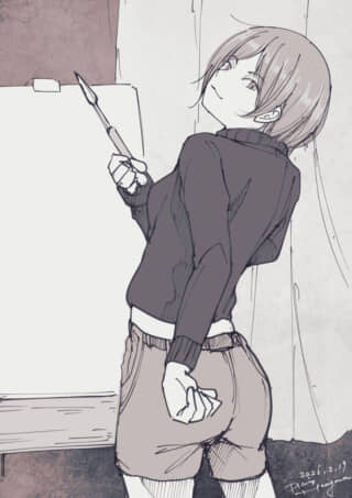 画材を持ち、微笑んで振り返る女性のイラスト。