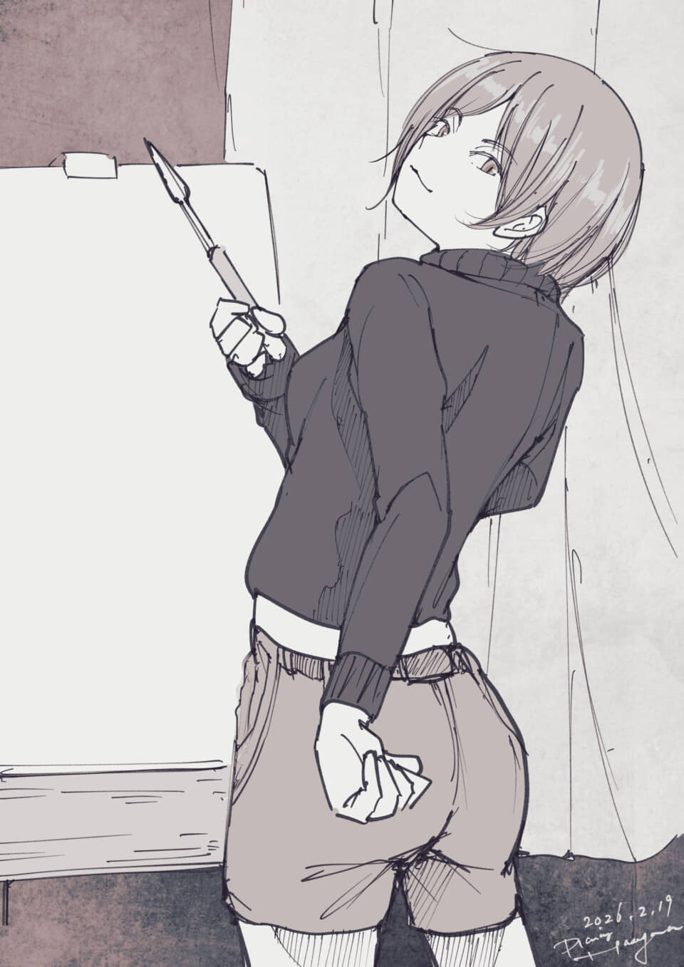 画材を持ち、微笑んで振り返る女性のイラスト。