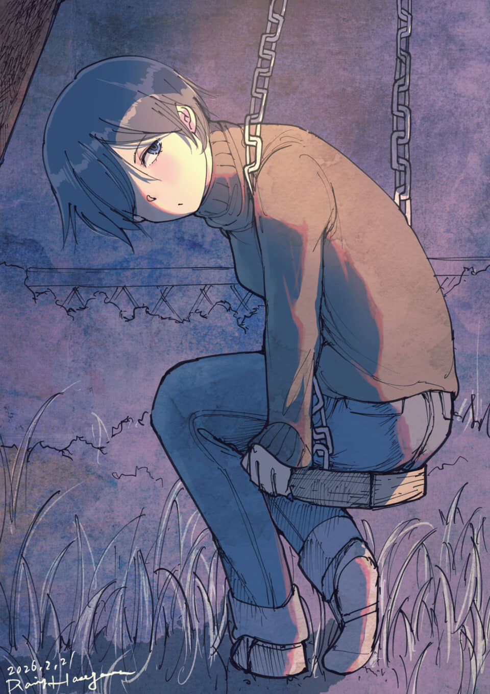 夕暮れのブランコで俯く短髪の人物