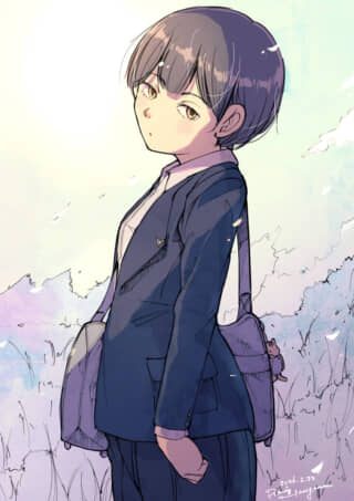 制服を着た短髪の少女が振り向くアニメイラスト