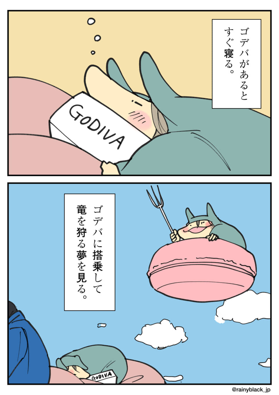 ゴディバと眠るキャラクターが夢で竜を狩る様子。