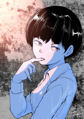 黒髪の人物が指を口元に当てて思案顔。