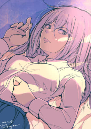 薄紫の髪の女性が白いシャツ姿で優しく上を見上げるイラスト