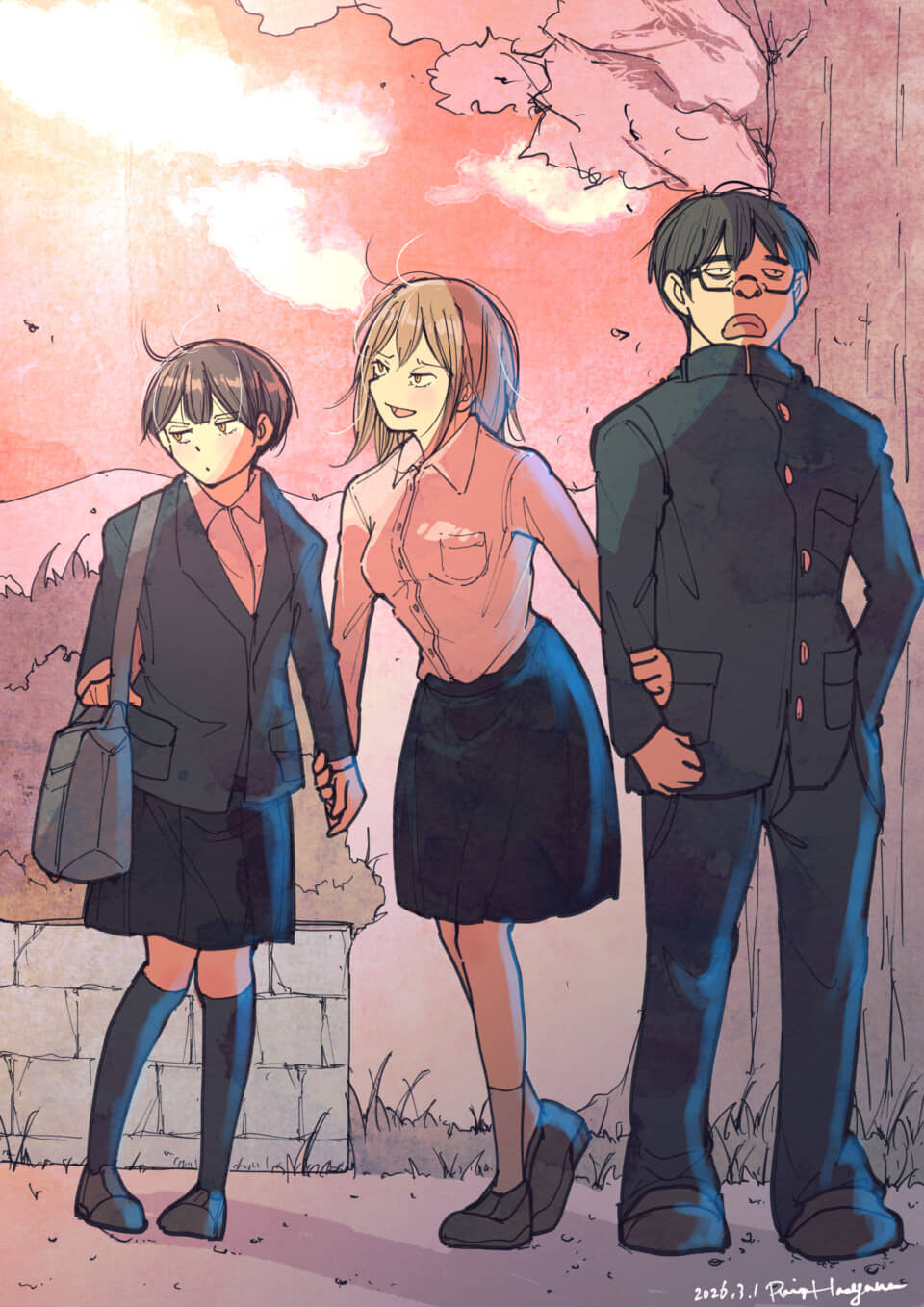 夕焼けの中、女性が左右の学生と手を取り腕を組んでいる。