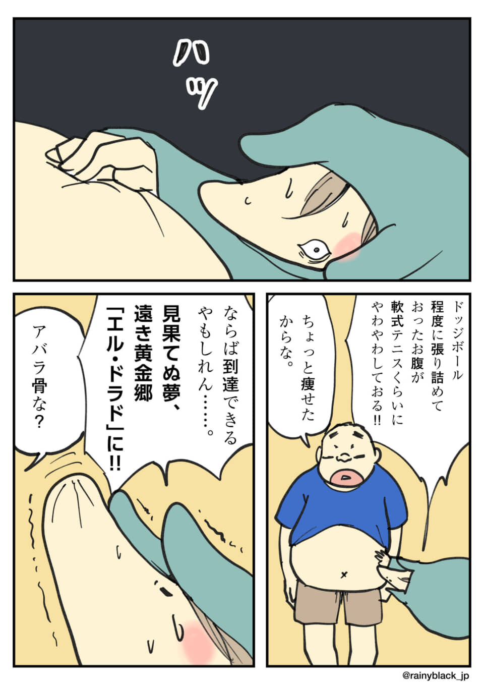 痩せた男性の肋骨を他人が触り、黄金郷を発見したように驚く。