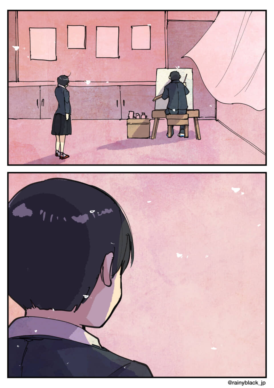 美術室で、制服の生徒が絵を描く人を見つめる。