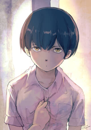 黄色い瞳の短髪少年がシャツのボタンを留めるイラスト。