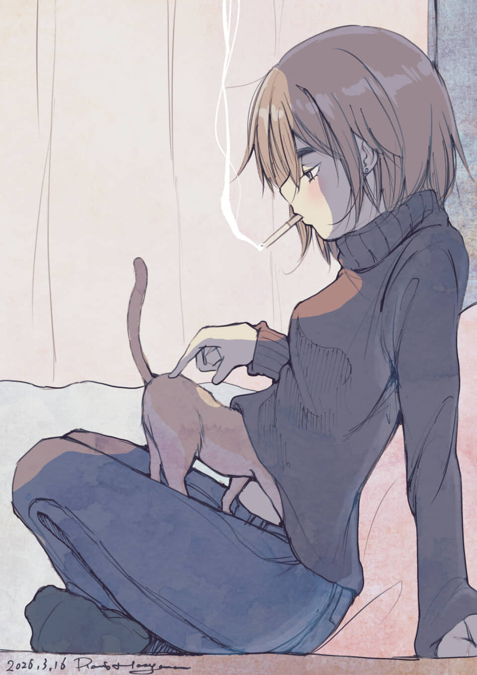 喫煙しながら猫を撫でる女性。