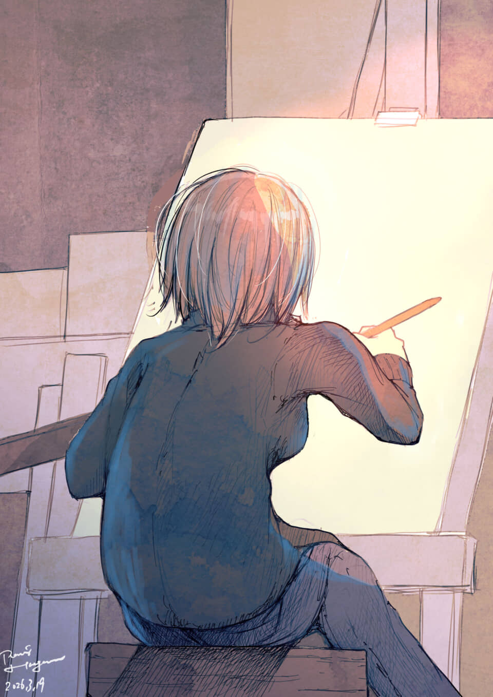 イーゼルに向かって絵を描く人物の後ろ姿