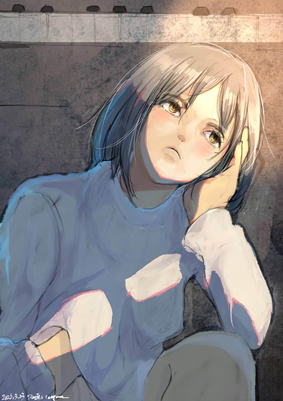 光が差す中、頭を支え物思いにふける女性のイラスト。