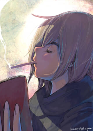 タバコをくわえて本を読む、長い髪の人物の横顔 __TOKENS__:1135,17