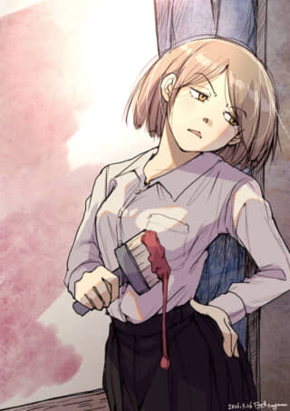 赤い絵の具が滴る刷毛を胸に当てる短髪の少女
