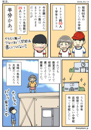 昭和の小学生時代と現在のクラス人数の減少を比較する漫画。