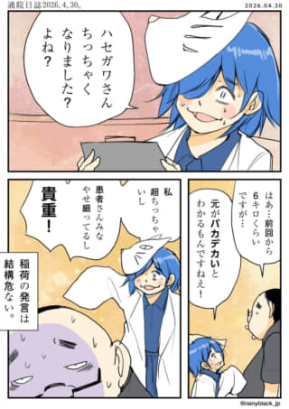 医師が患者に体重減少について配慮のない発言をする漫画。