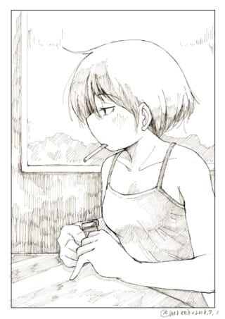 窓際で考え事をする少女