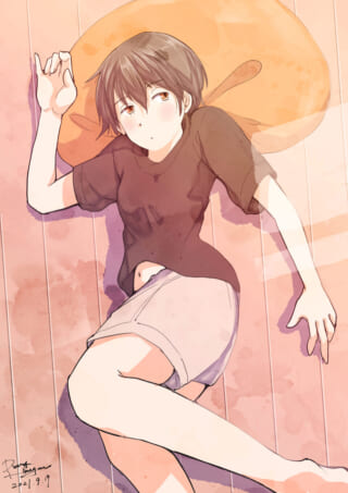 アニメ風に描かれた横たわる人物。