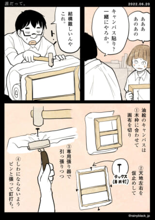 キャンバスの張り方の漫画。